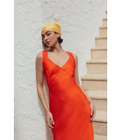 French Connection Ennis Satin V-Neck Wide Ruched Straps Sheath Maxi Dress