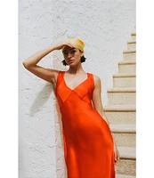 French Connection Ennis Satin V-Neck Wide Ruched Straps Sheath Maxi Dress
