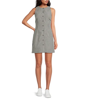 French Connection Gingham Round Neck Sleeveless Button Front Mini Dress