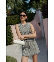 French Connection Gingham Round Neck Sleeveless Button Front Mini Dress