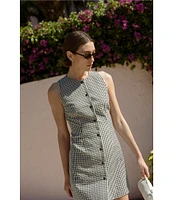 French Connection Gingham Round Neck Sleeveless Button Front Mini Dress
