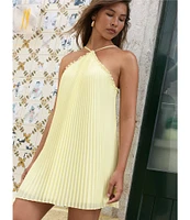 French Connection Halter Neck Sleeveless Sunburst Pleated Georgette Mini Dress