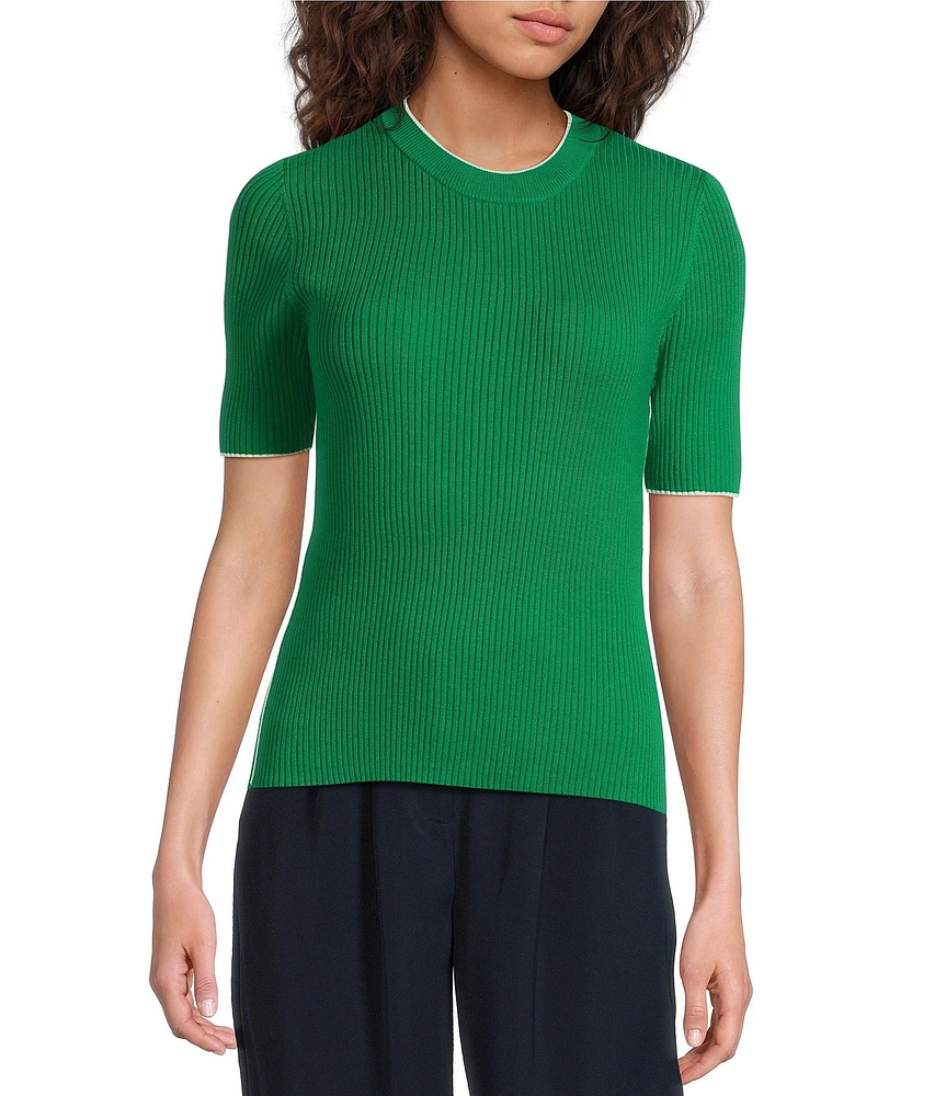 French Connection Mozza Round Neck Short Sleeve Ribbed Sweater Top