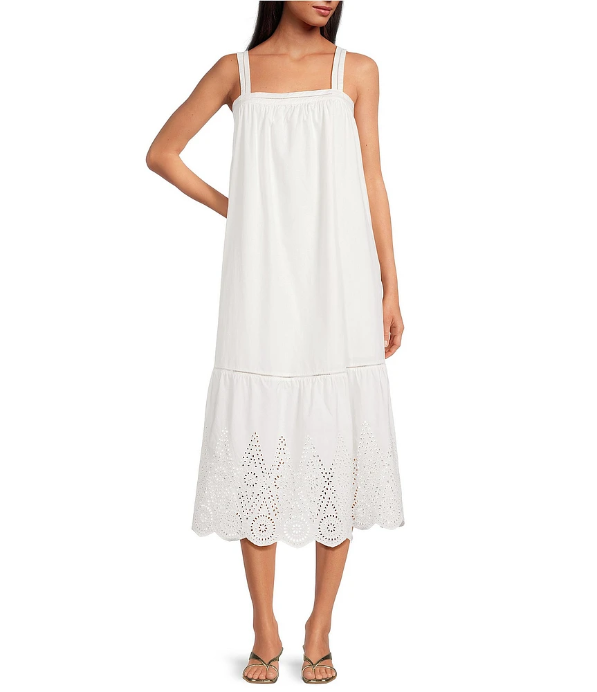 French Connection Poplin Embroidered Eyelet Square Neck Sleeveless Midi Dress