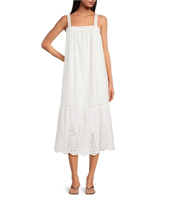 French Connection Poplin Embroidered Eyelet Square Neck Sleeveless Midi Dress