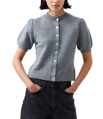 French Connection Vhari Knit Crew Neck Short Puff Sleeve Button Front Cardigan Top