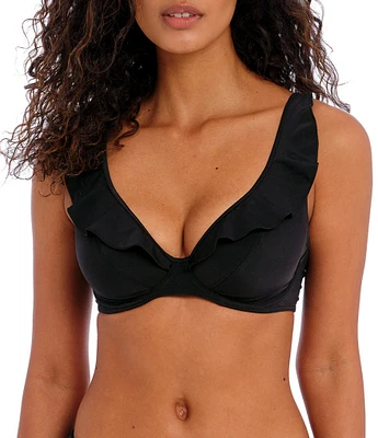 Freya Jewel Cove Hi-Apex Solid Plunge V-Neck Waterfall Edge Extended Bra Sizes Underwire Bikini Swim Top