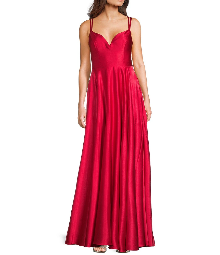 B. Darlin Front Slit Ball Strappy Back Satin Gown
