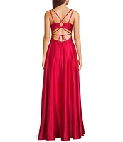 B. Darlin Front Slit Ball Strappy Back Satin Gown