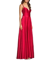 B. Darlin Front Slit Ball Strappy Back Satin Gown