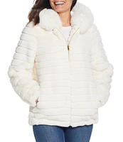 Gallery Faux Fur Stand Collar Long Sleeve Grooved Hooded Jacket