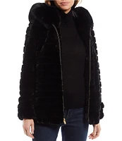 Gallery Faux Fur Stand Collar Long Sleeve Grooved Hooded Jacket