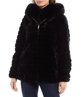 Gallery Faux Fur Stand Collar Long Sleeve Grooved Hooded Jacket