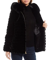 Gallery Faux Fur Stand Collar Long Sleeve Grooved Hooded Jacket