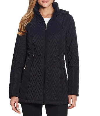 Gallery Stand Collar Long Sleeve Hooded Zip Front Quilted Jacket