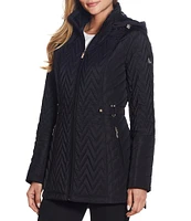 Gallery Stand Collar Long Sleeve Hooded Zip Front Quilted Jacket