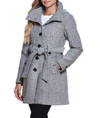 Gallery Wool Blend Water Resistant Belted Stand Collar Hooded Coat