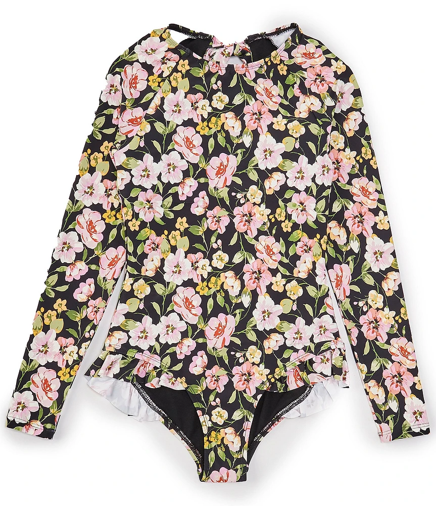 GB Big Girls 7-16 Floral Long Sleeve Ruffle One-Piece Swimsuit