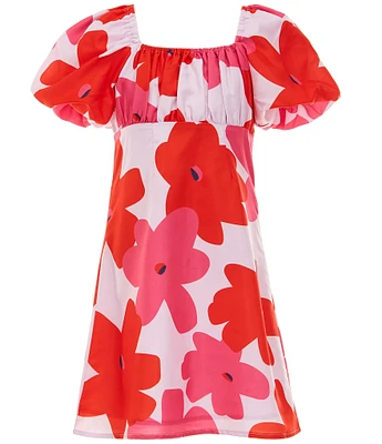 GB Big Girls 7-16 Large Floral Print Puff-Sleeve Empire Waist Dress