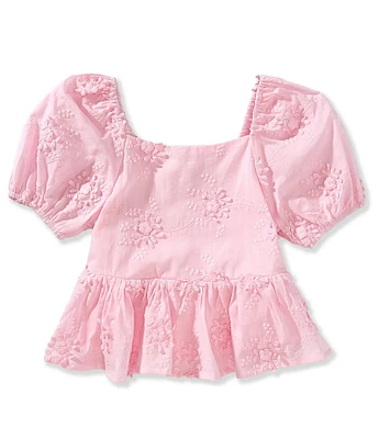 GB Big Girls 7-16 Short Sleeve Woven Babydoll Floral Embroidered Top