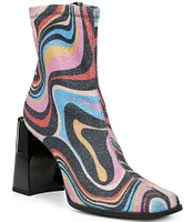 GB Border-Line Glitter Mod Print Fabric Block Heel Booties