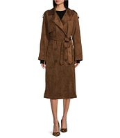 GB Button Front Tie Waist Faux Suede Trench Coat