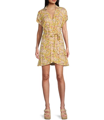 GB Ditsy Floral Printed Tab Sleeve Wrap Dress