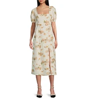 GB Floral Linen Blend Print Short Sleeve Side Slit Midi Dress