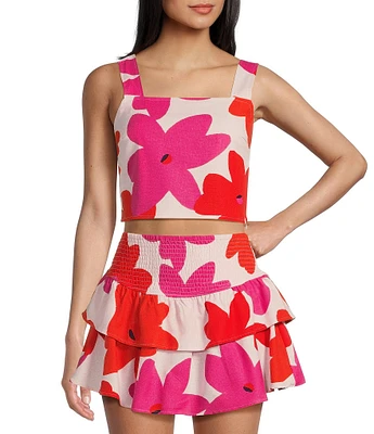 GB Floral Printed Linen Blend Coordinating Crop Top