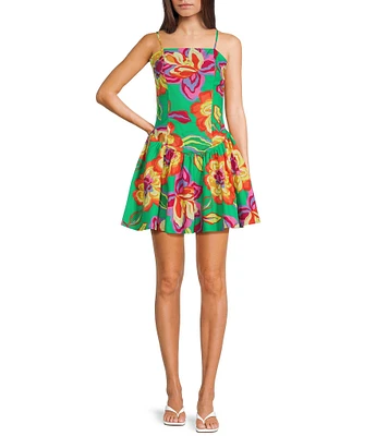 GB Floral Printed Linen Blend Drop Waist Mini Dress