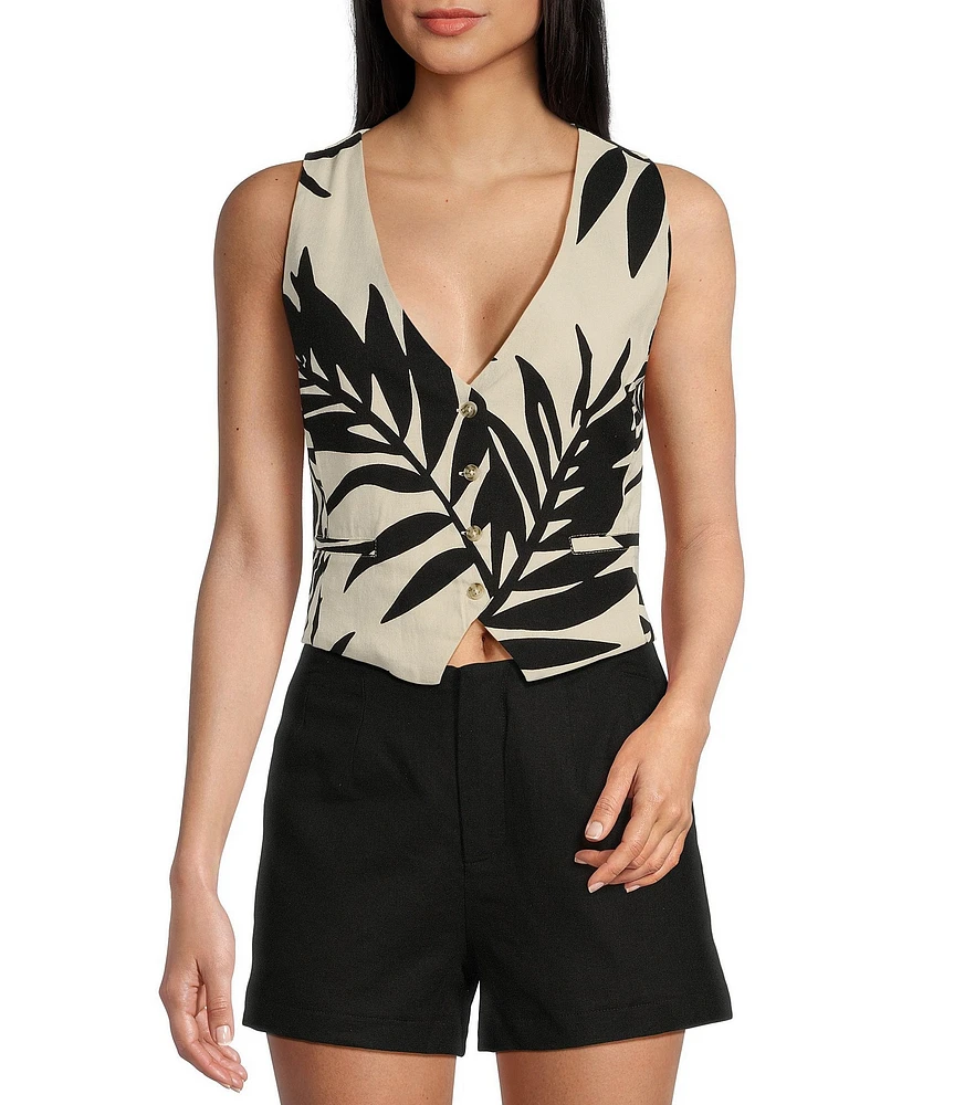 GB Leaf Floral Printed Linen Blend Vest