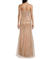 GB Linear Beaded Glam Strapless Gown