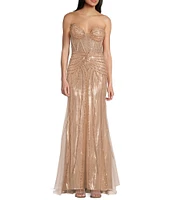 GB Linear Beaded Glam Strapless Gown