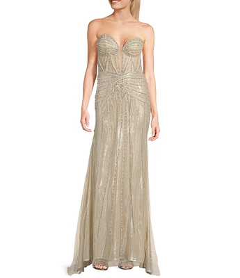 GB Linear Beaded Glam Strapless Gown