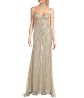 GB Linear Beaded Glam Strapless Gown