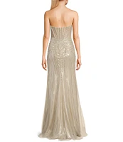 GB Linear Beaded Glam Strapless Gown