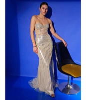 GB Linear Beaded Glam Strapless Gown