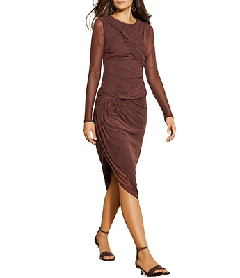 GB Long Sleeve Solid Mesh Midi Dress