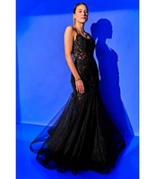 GB Mermaid Beaded Applique Lace Back Gown