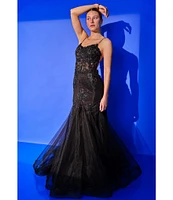 GB Mermaid Beaded Applique Lace Back Gown