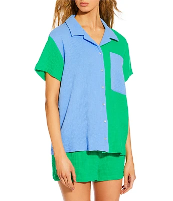 GB Oversize Colorblock Button Down Shirt Swimsuit Cover-Up