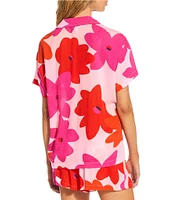 GB Oversize Large Floral Print Button Up Shirt Swim Cover-Up