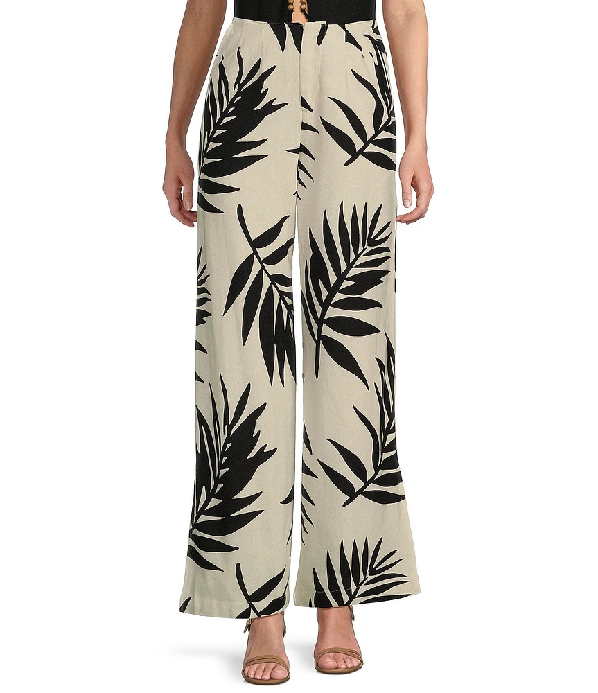 GB Palm Leaf High Waist Linen Blend Wide Leg Pants