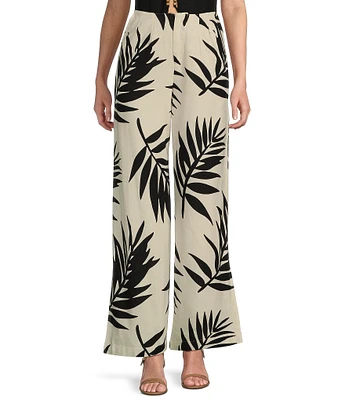 GB Palm Leaf High Waist Linen Blend Wide Leg Pants