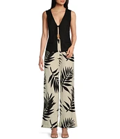 GB Palm Leaf High Waist Linen Blend Wide Leg Pants