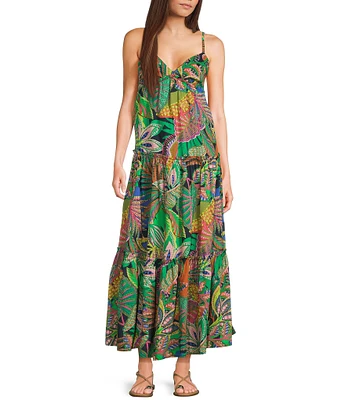 GB Leaf Print V-Neck Tie-Back Tiered A-Line Maxi Dress