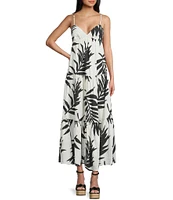 GB Leaf Print V-Neck Tie-Back Tiered A-Line Maxi Dress