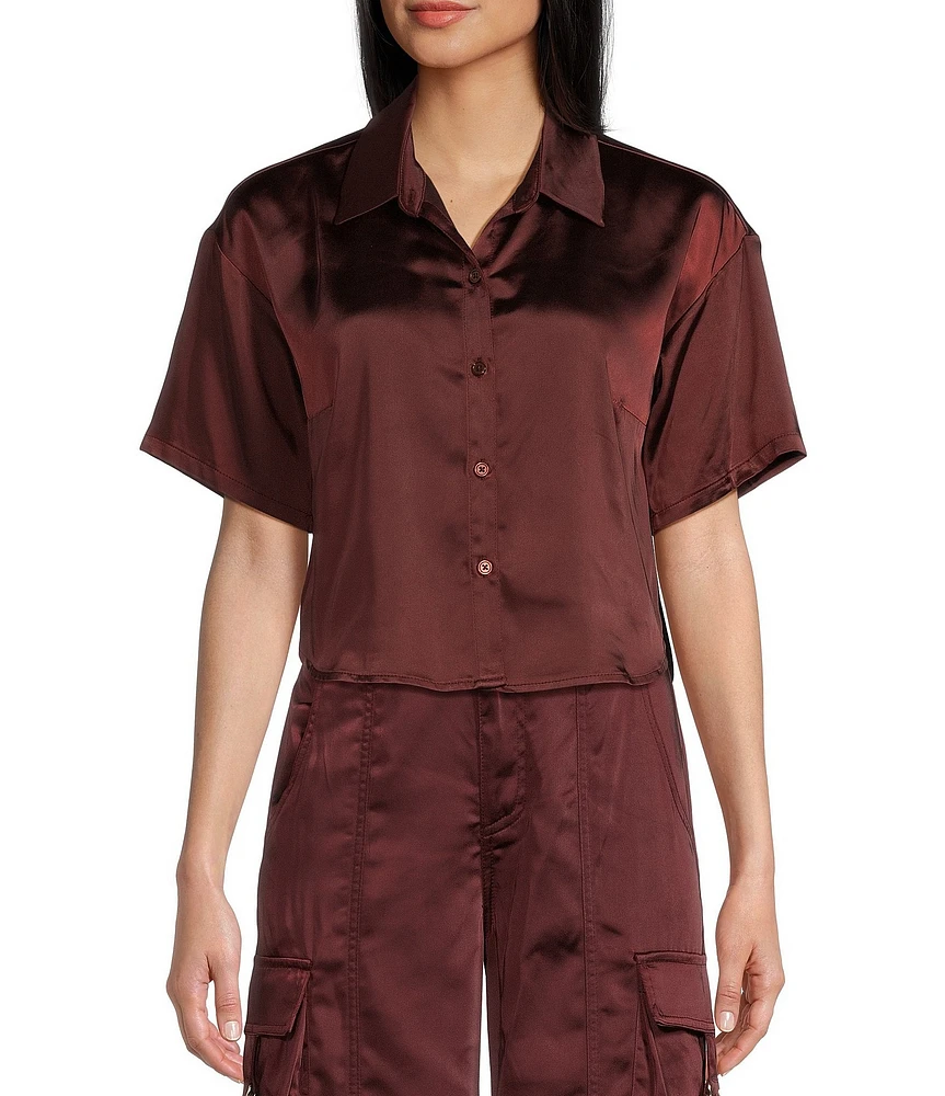 GB Coordinating Satin Short Sleeve Button Front Blouse