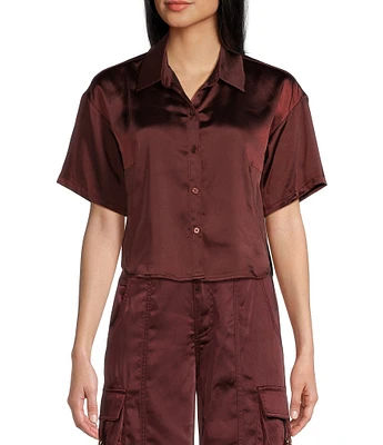 GB Satin Short Sleeve Button Front Blouse