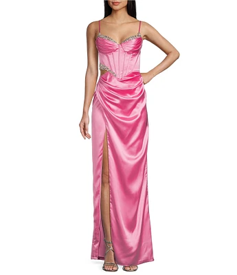 GB Satin Cutout Bejeweled Dress